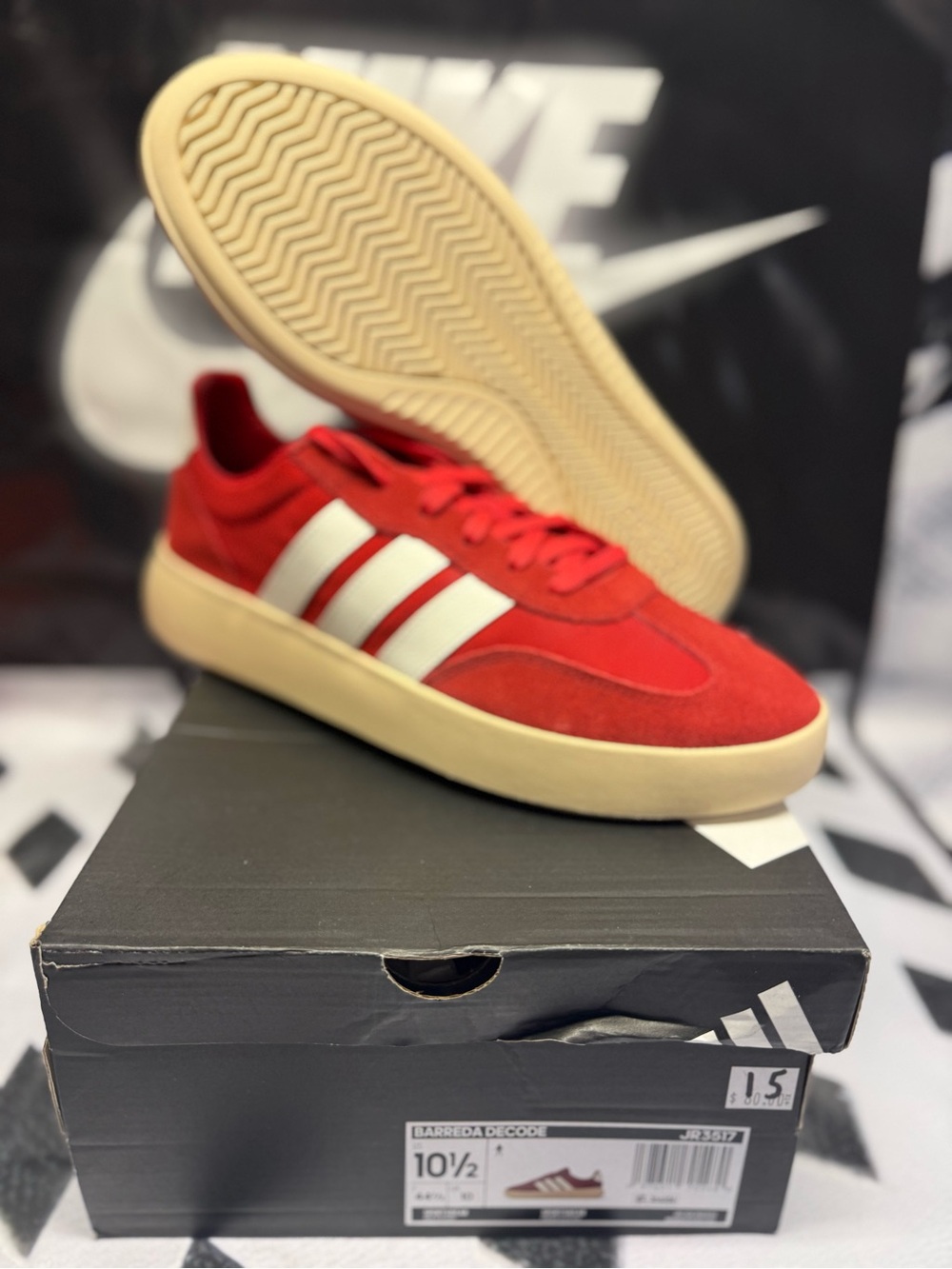 adidas Red Suede Sneakers with White Stripes and Cream Sole